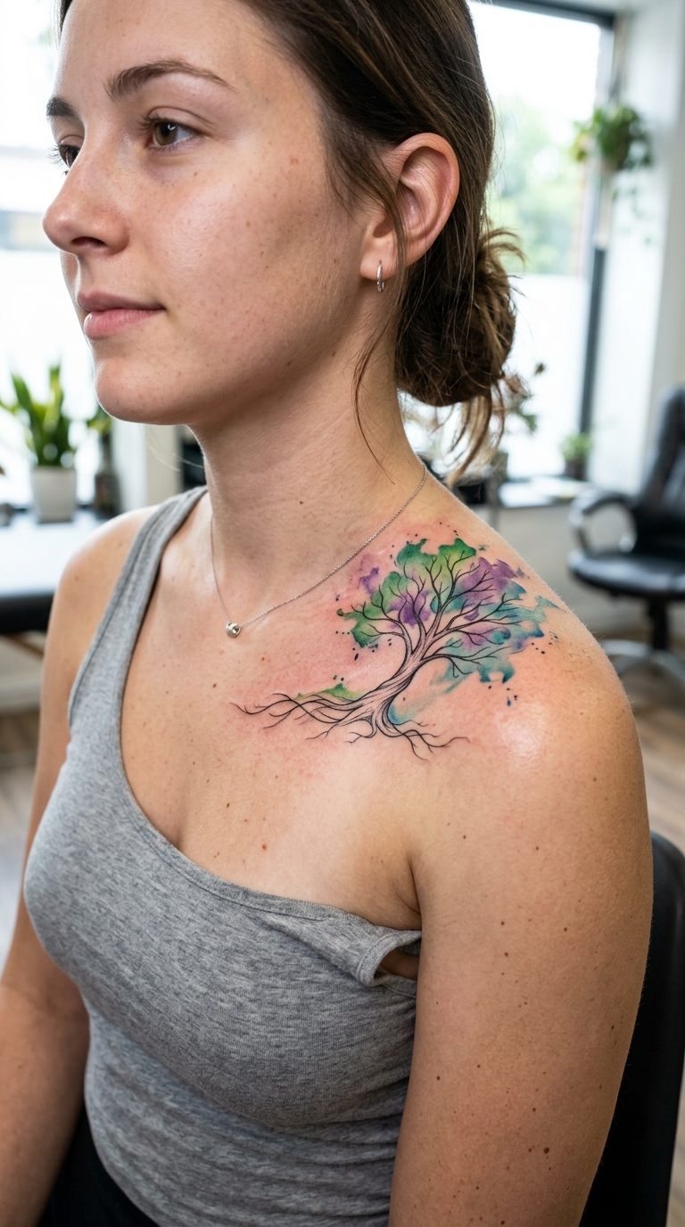 Baum des Lebens als sanftes Aquarell Tattoo für das Schlüsselbein