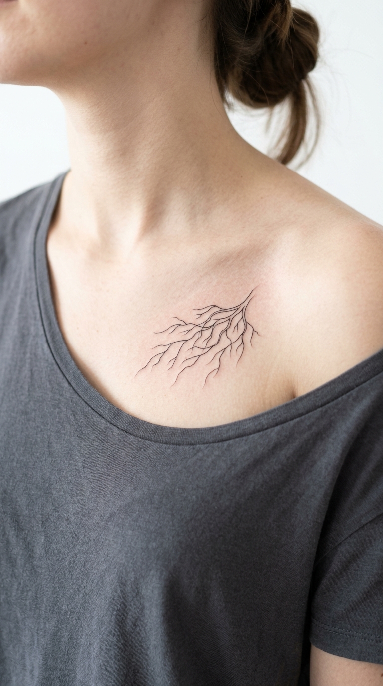 Baumwurzeln als minimalistisches Tattoo für Brust & Oberkörper