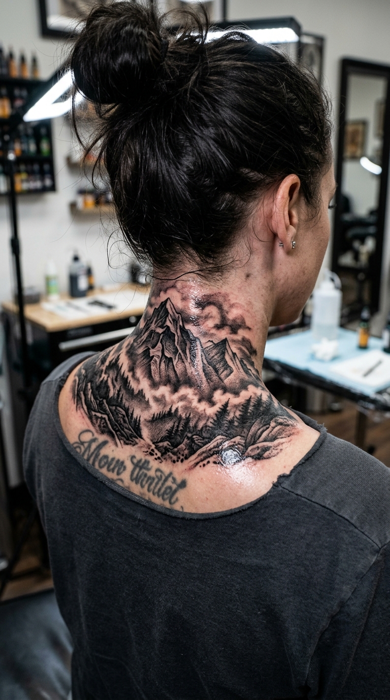 Bergkette im Nebel als Cover up Tattoo für den Nacken