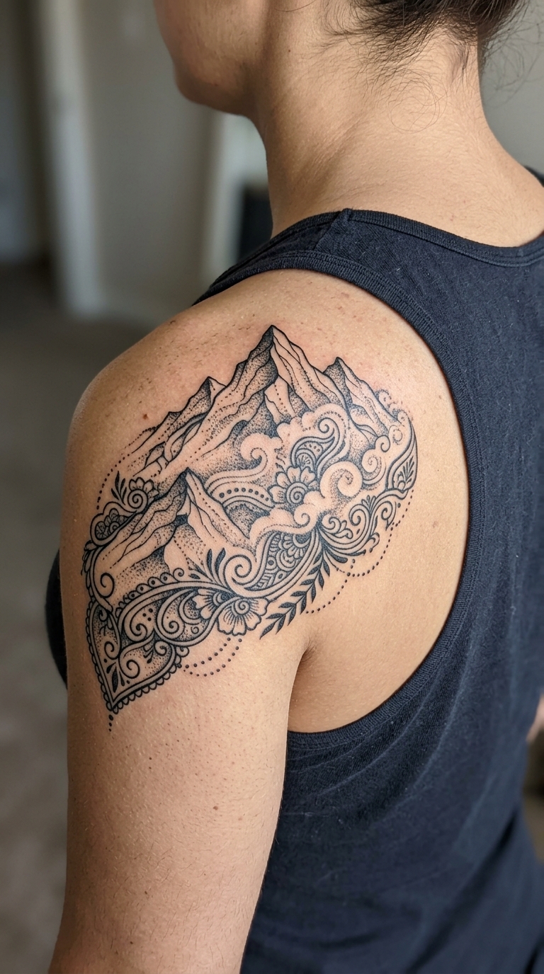 Bergkette im Nebel als Henna Tattoo Idee für die Schulter