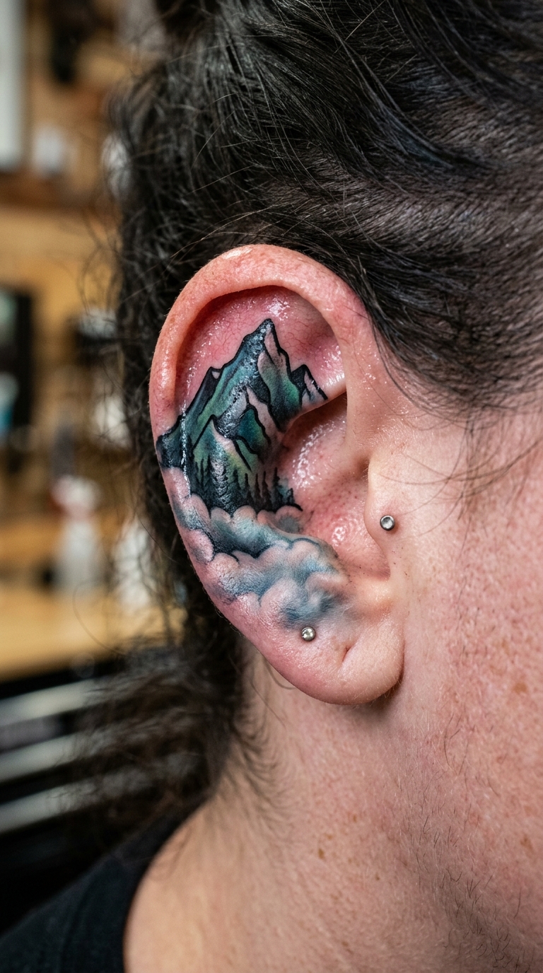 Bergkette im Nebel als Oldschool und Newschool Tattoo für das Ohr