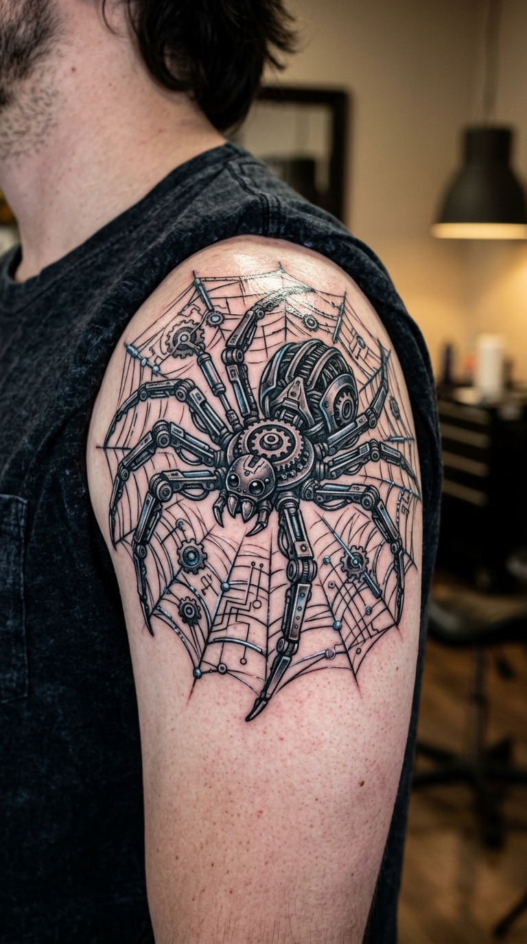 Biomechanische Spinne als Tattoo Idee für die Schulter