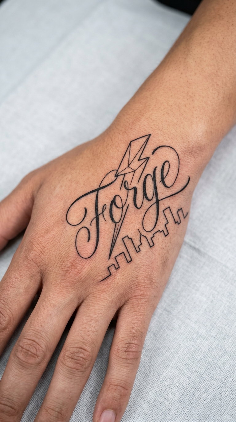 Blitz und Stadt Silhouette als Schrift Tattoo für die Hand
