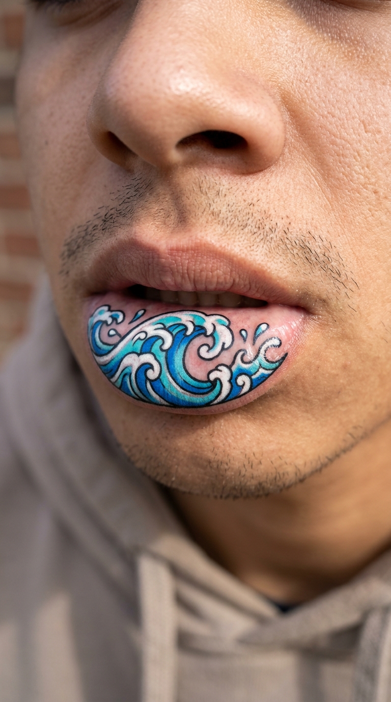 Brechende Welle als Comic Tattoo für die Unterlippe