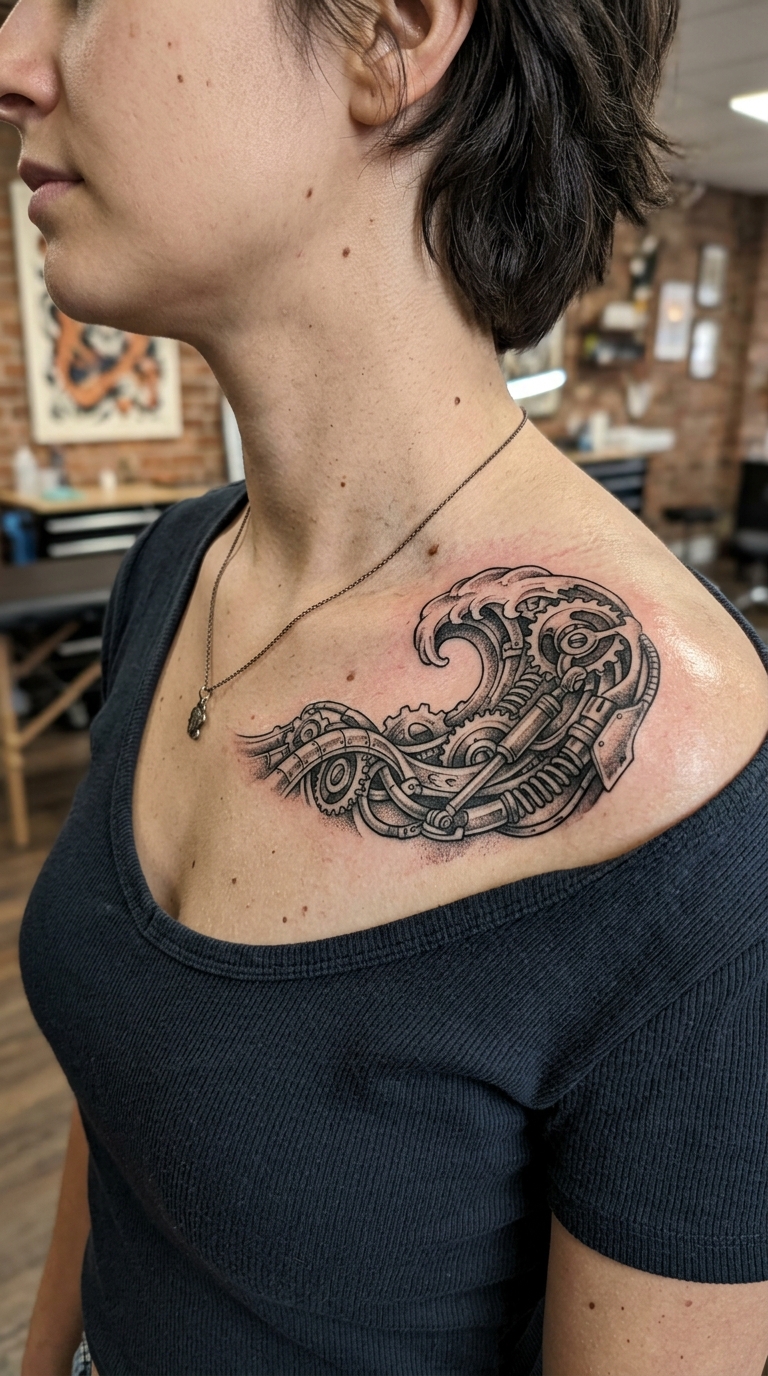 Brechende Wellen als biomechanisches Tattoo für das Schlüsselbein