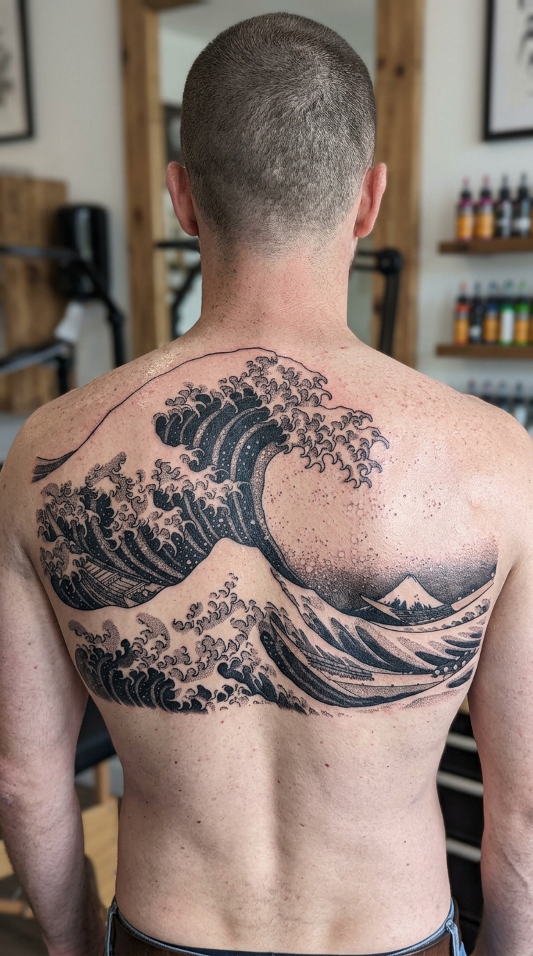Brechende Wellen als Dotwork Tattoo für den Rücken
