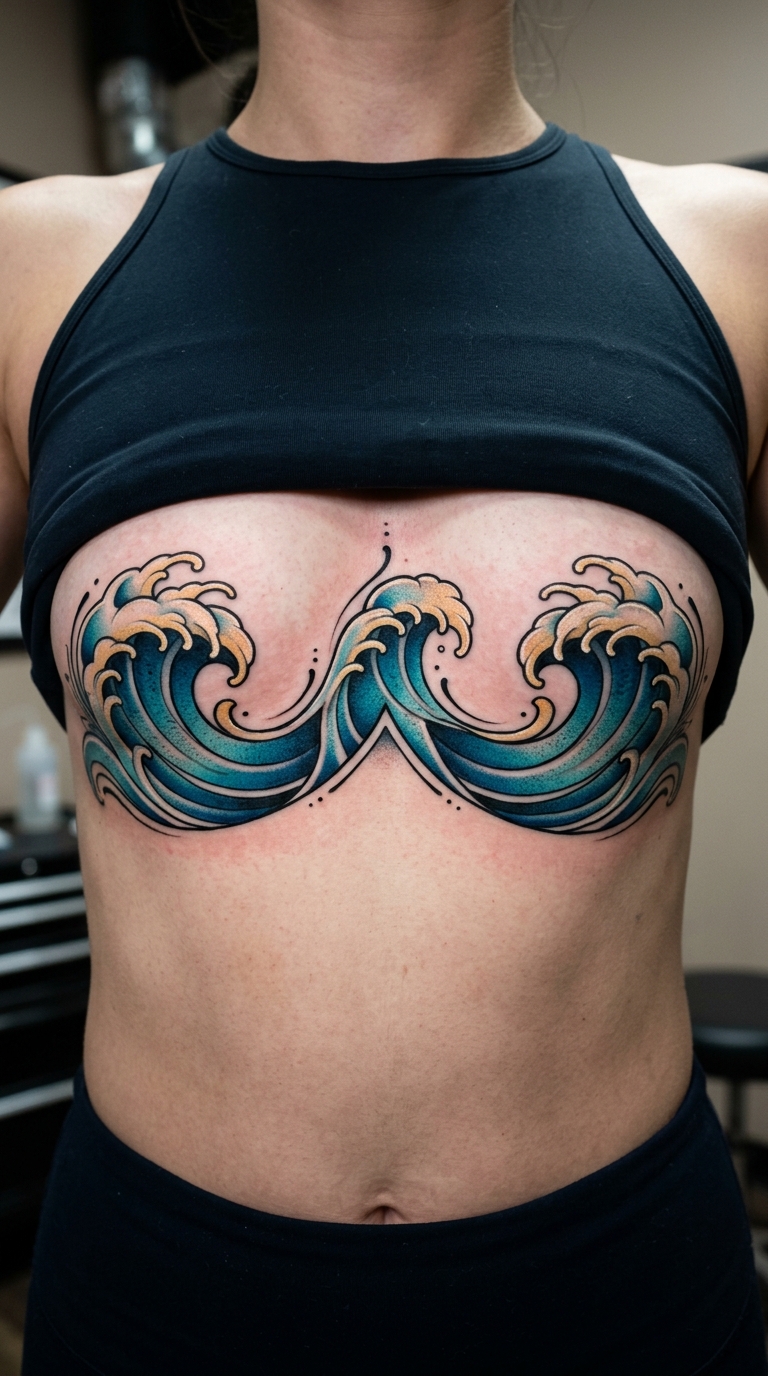 Brechende Wellen als Neo Traditional Tattoo für den Underboob