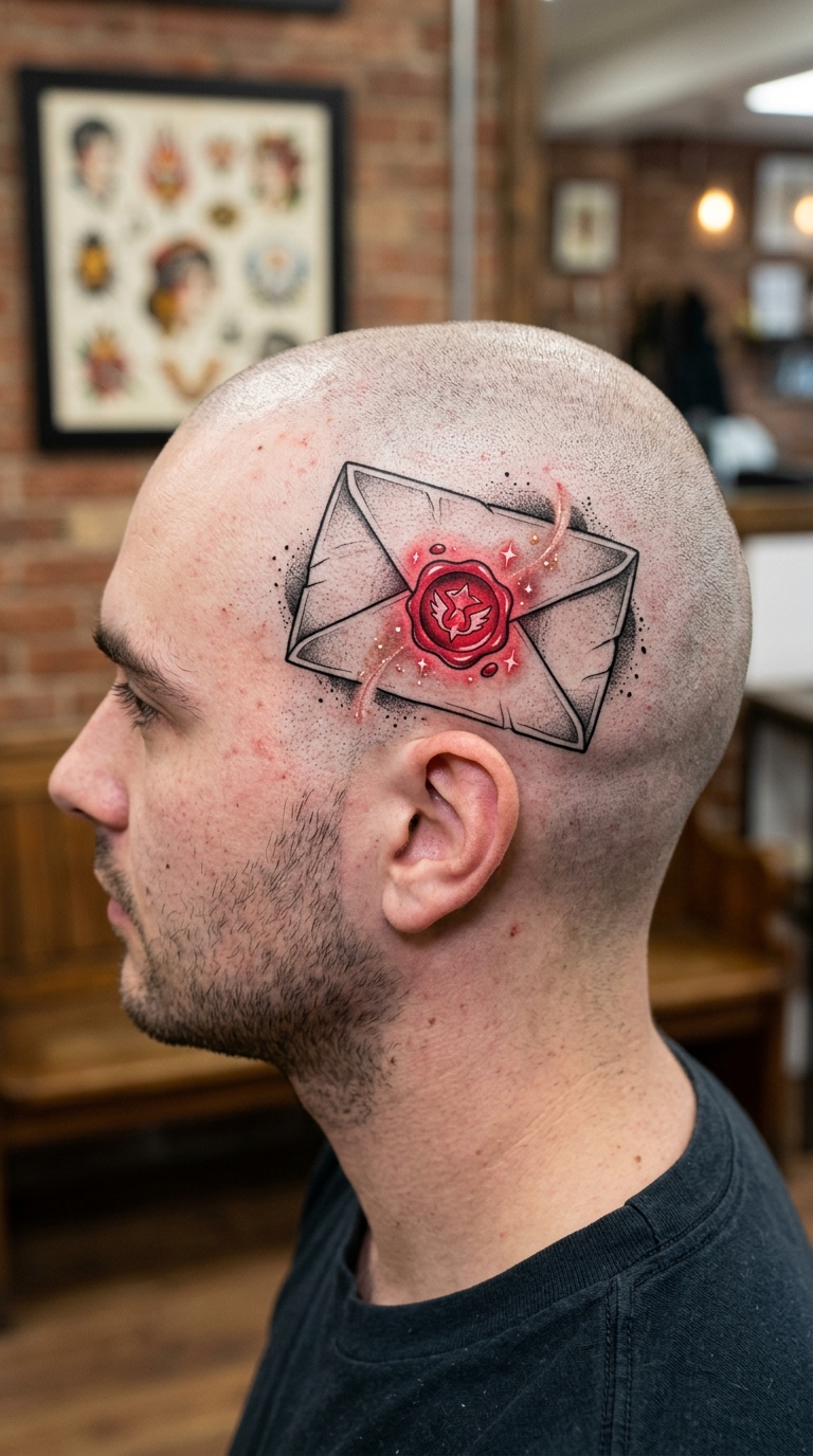 Briefumschlag mit magischem Siegel als Anime Tattoo für den Kopf