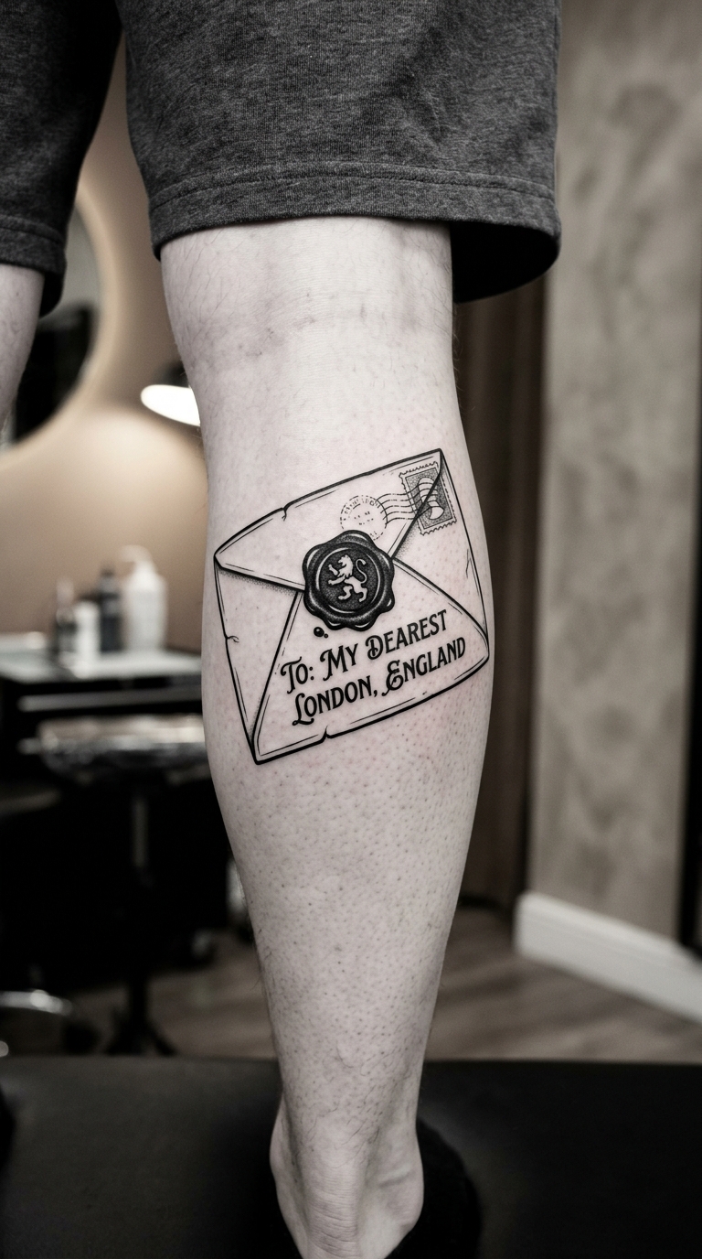 Briefumschlag mit Siegel als Blackwork Tattoo auf dem Bein