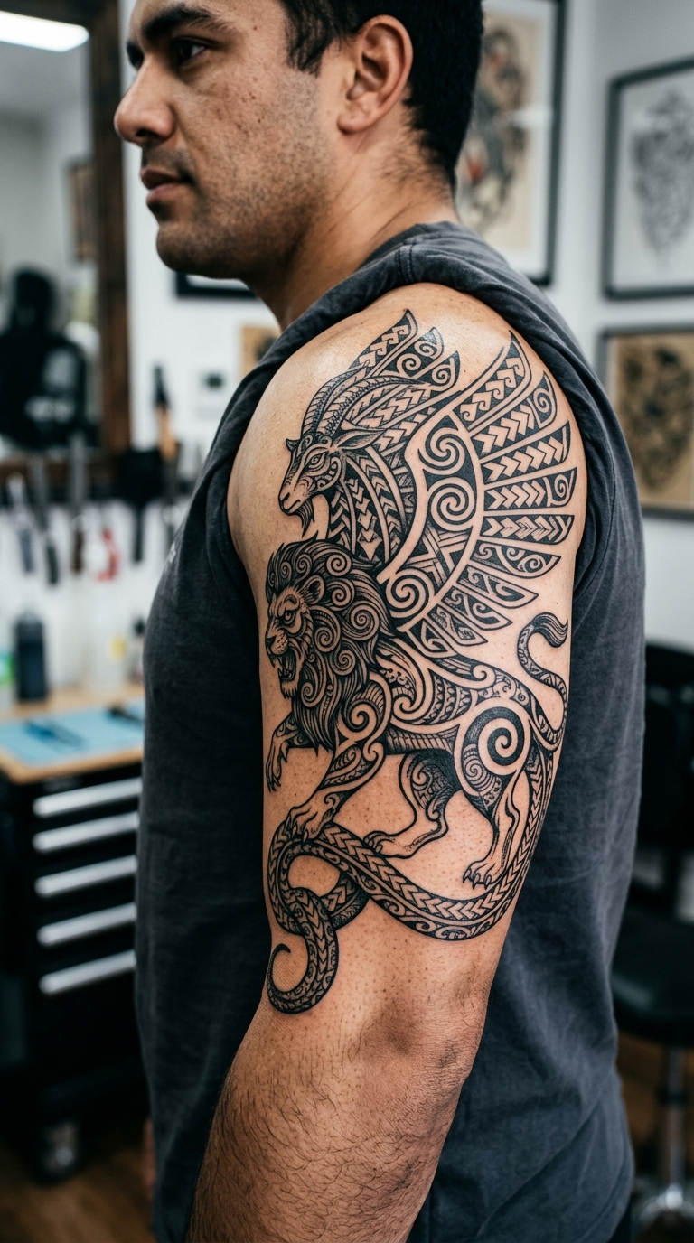 Chimäre als Maori Tattoo Vorlage für den Oberarm
