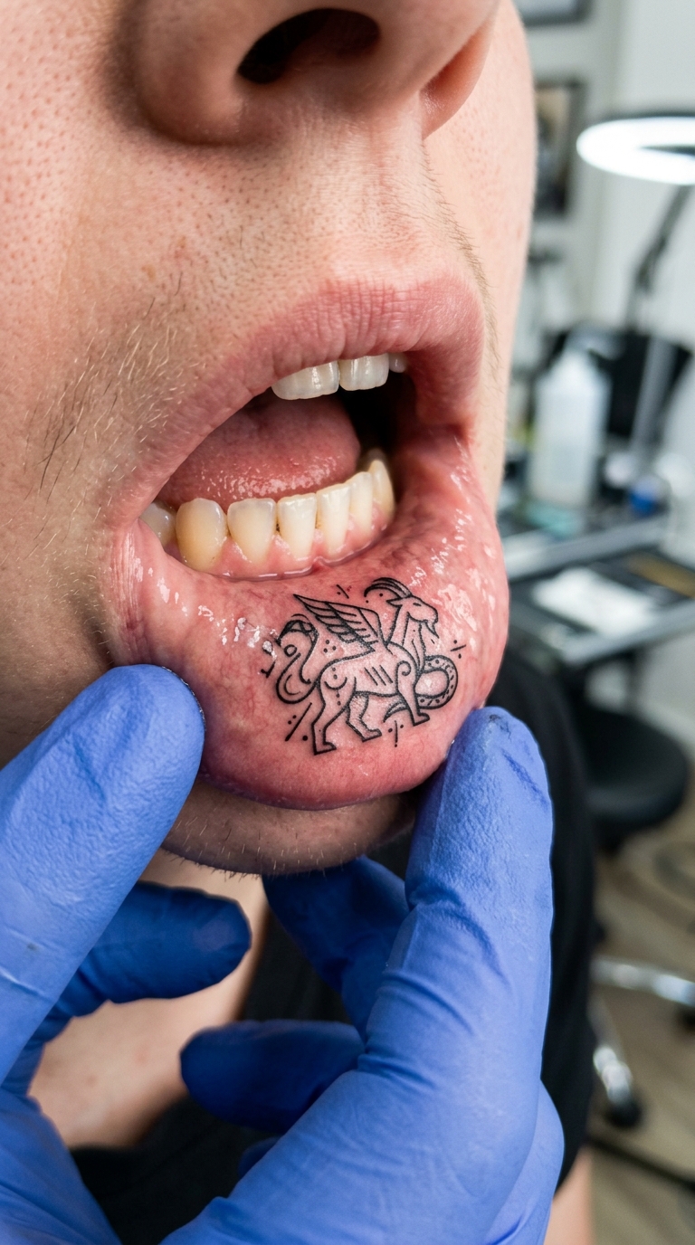 Chimäre als Tattoo Vorlage für die Unterlippe