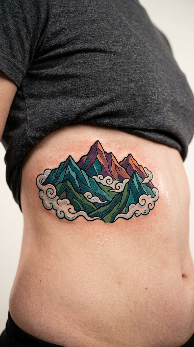 Comic Tattoo mit Bergpanorama für den Bauch