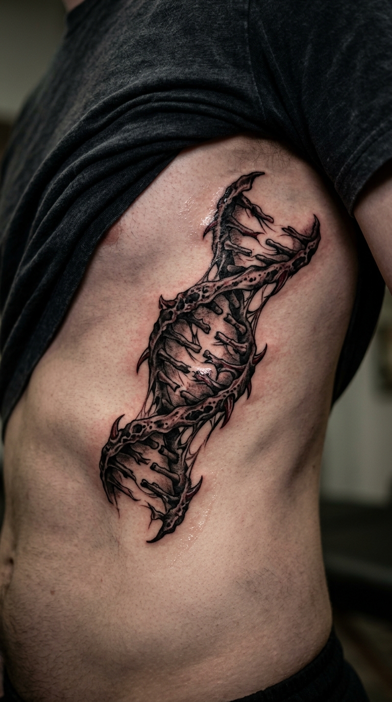 DNA Strang als Horror Tattoo für die Rippen