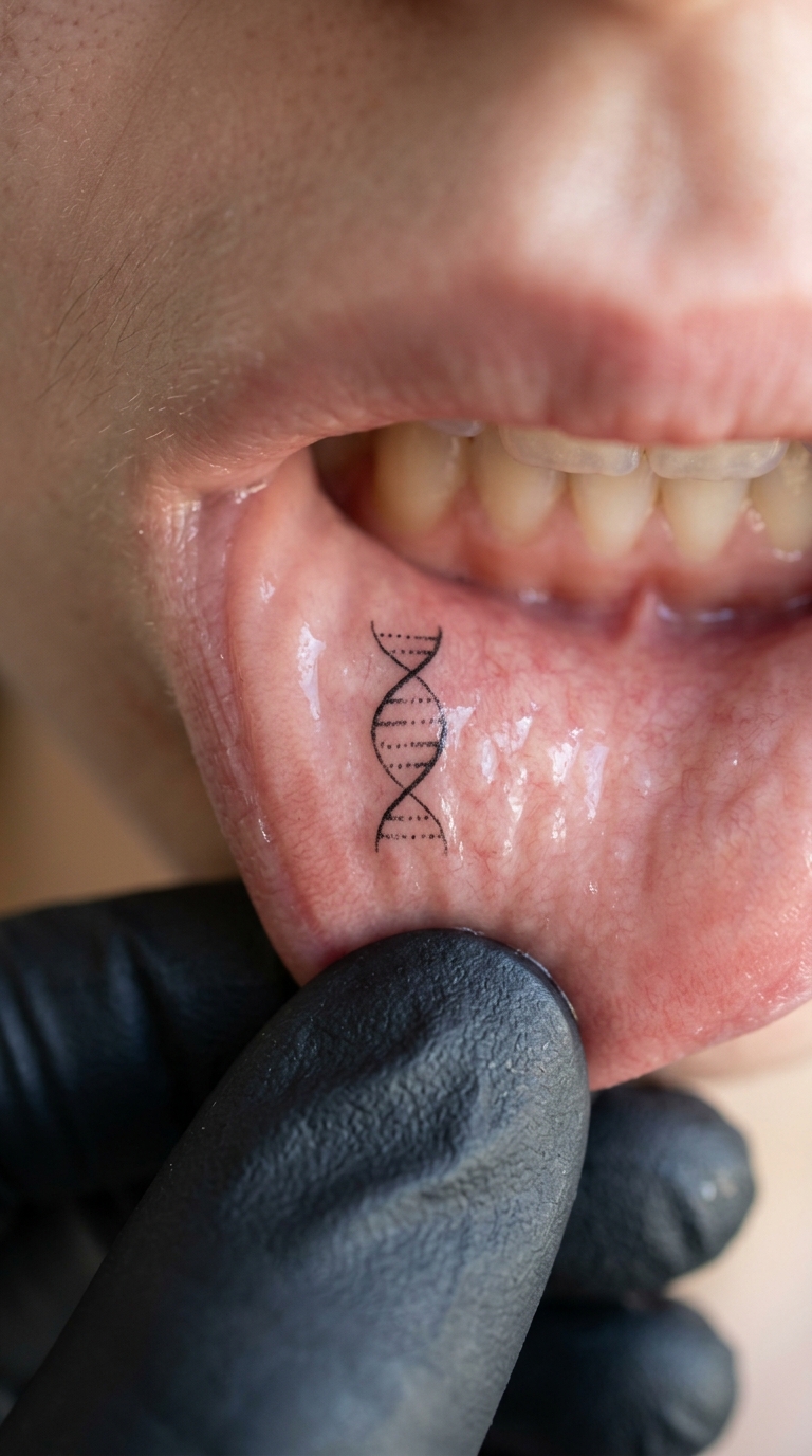 DNA Strang als minimalistisches Tattoo für die Unterlippe