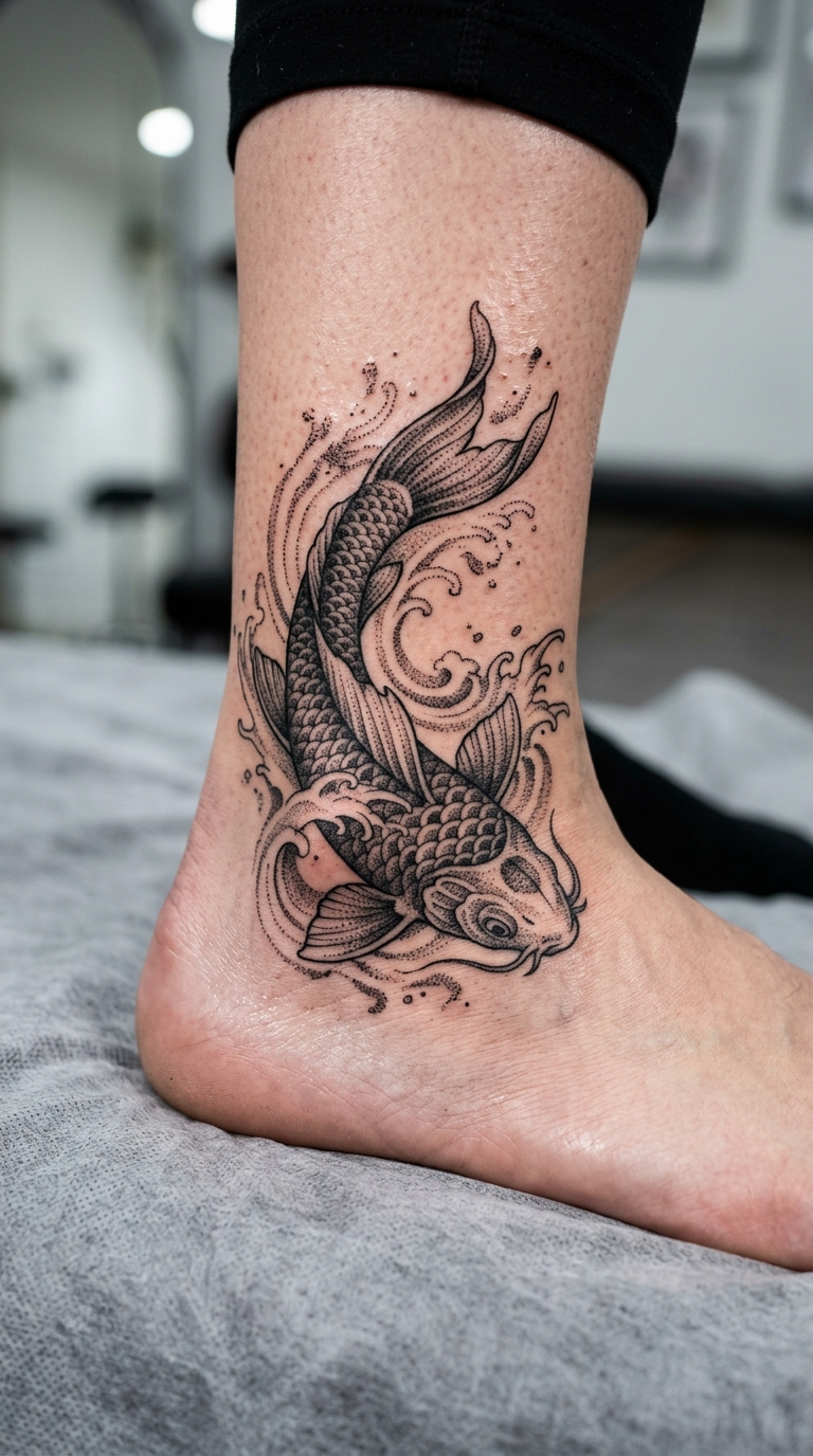Dotwork Tattoo mit Koi Fisch für den Knöchel