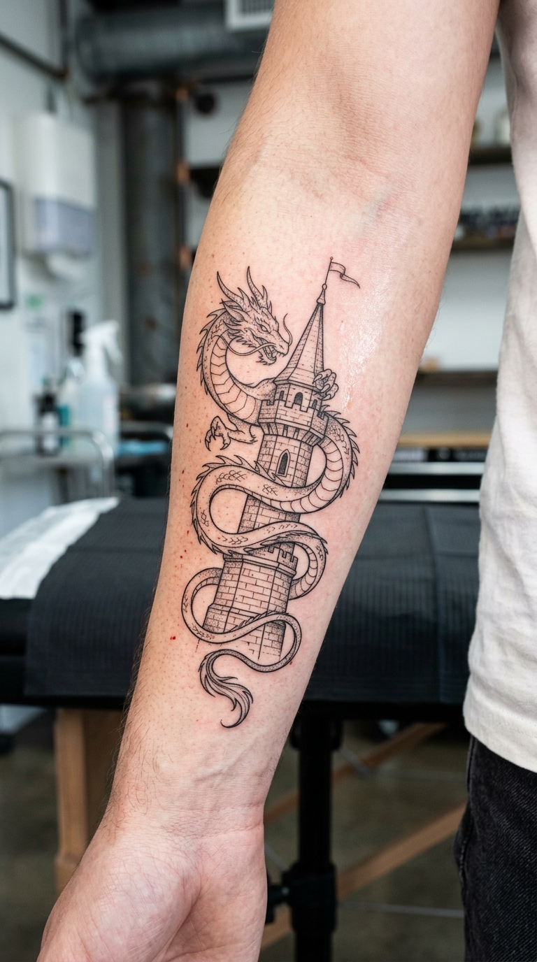 Drache und Turm als Fineline Tattoo für den Unterarm