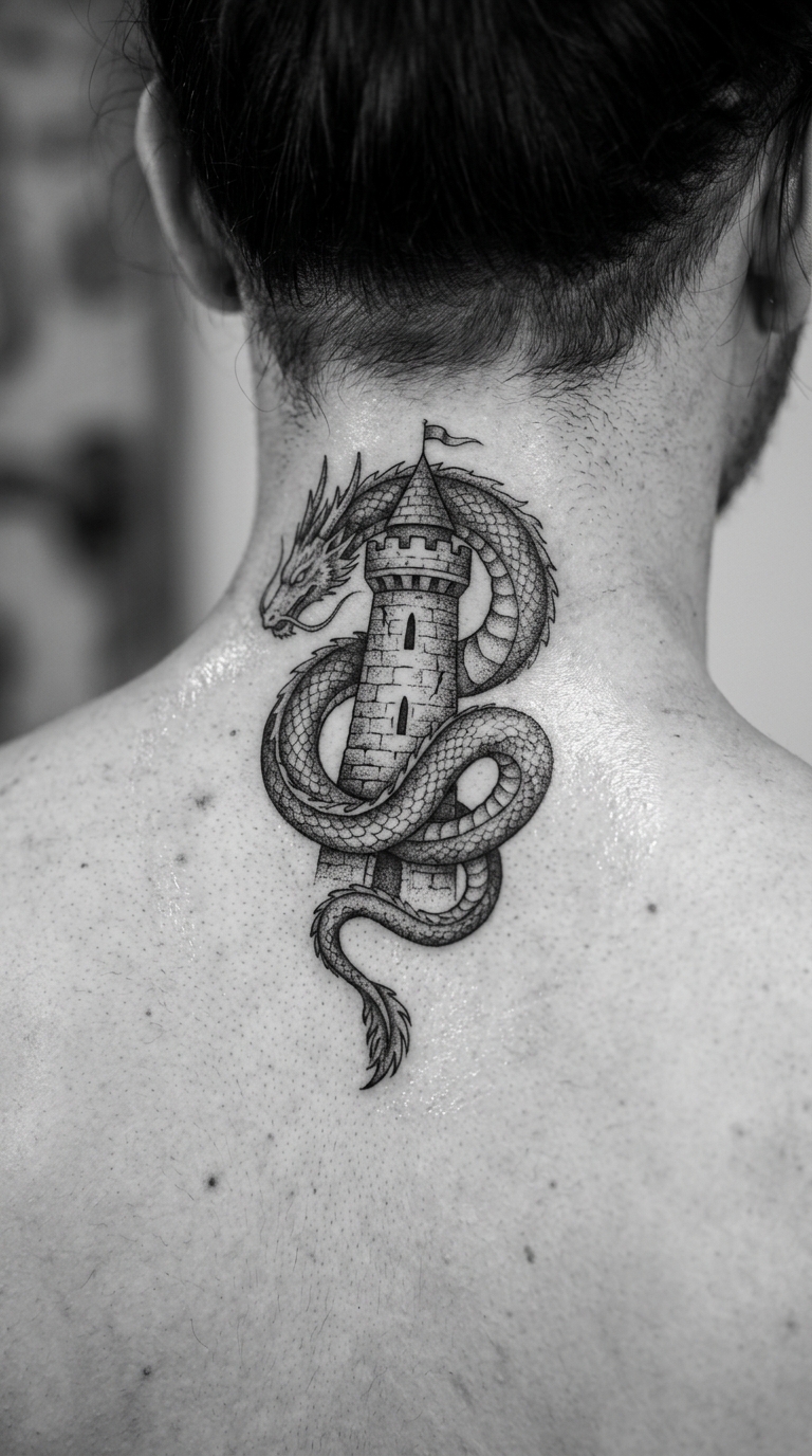 Drache und Wachturm Tattoo Vorlage im Dotwork Stil für den Nacken