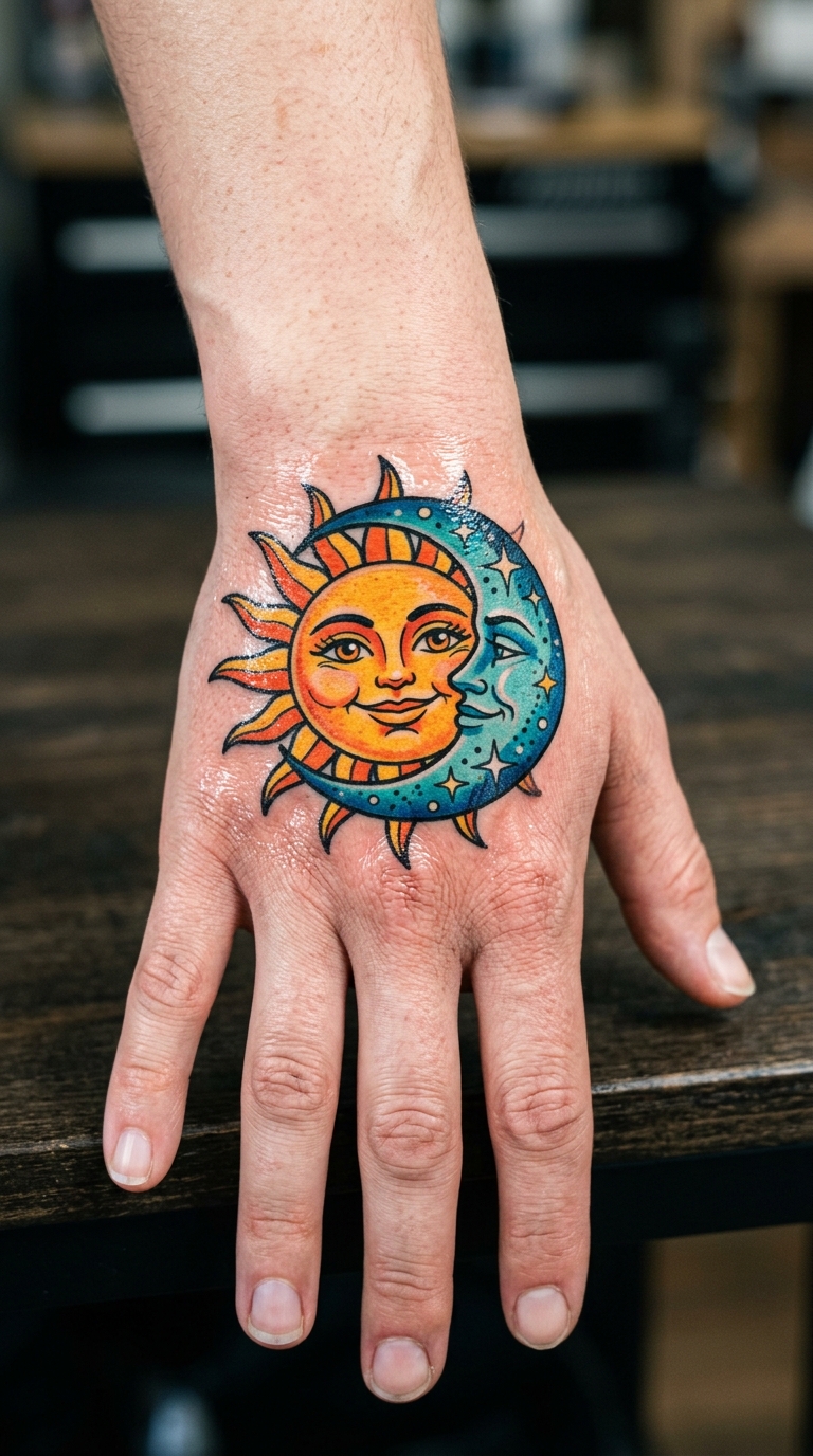 Dualismus von Licht und Schatten als Comic Tattoo für die Hand