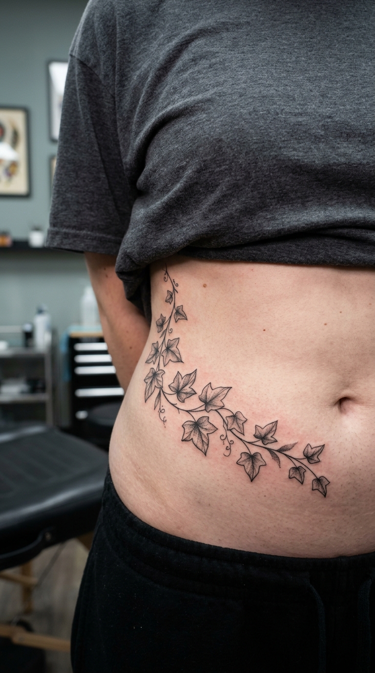 Efeuranke als filigranes Blumen Tattoo für den Bauch