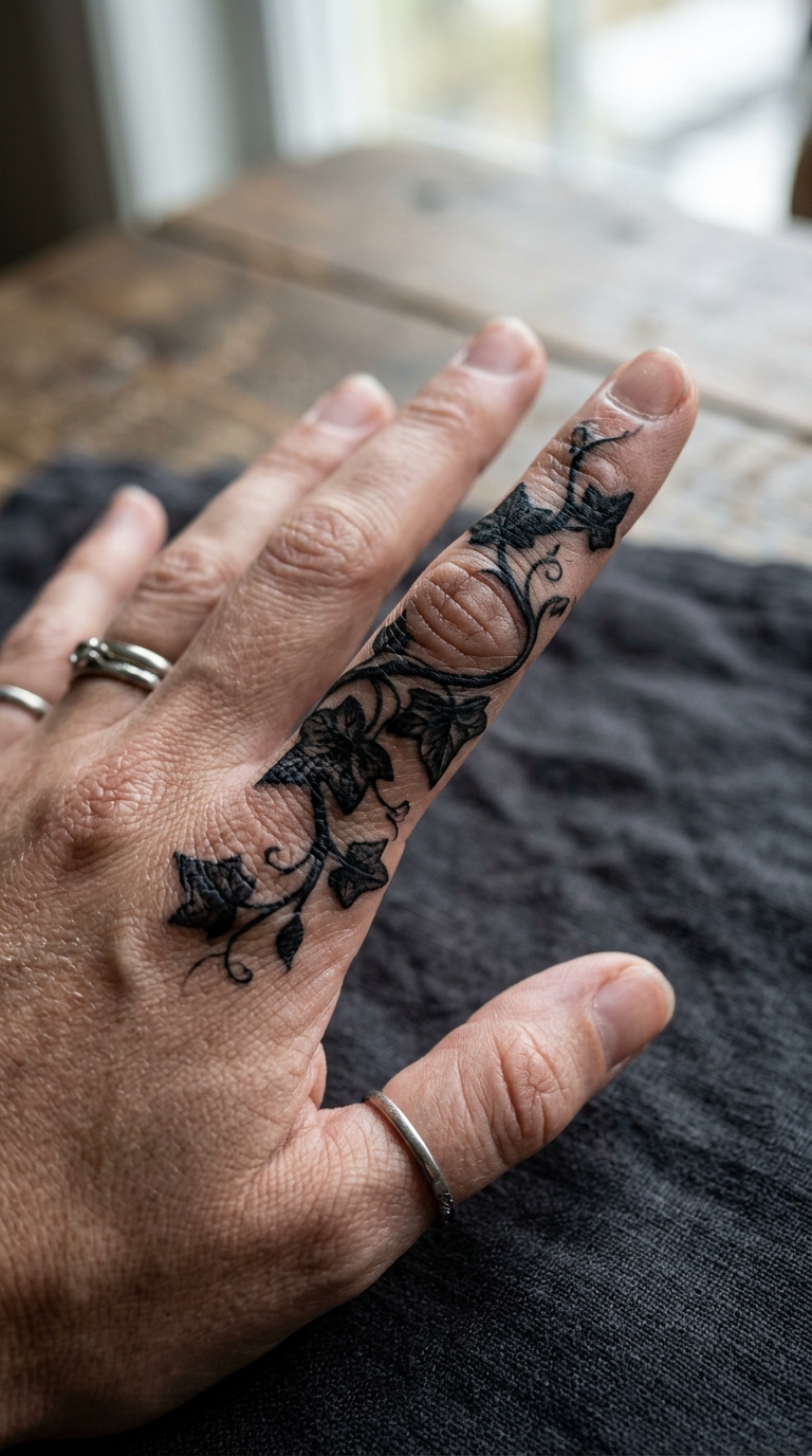 Efeuranke als geschicktes Cover up Tattoo für den Finger