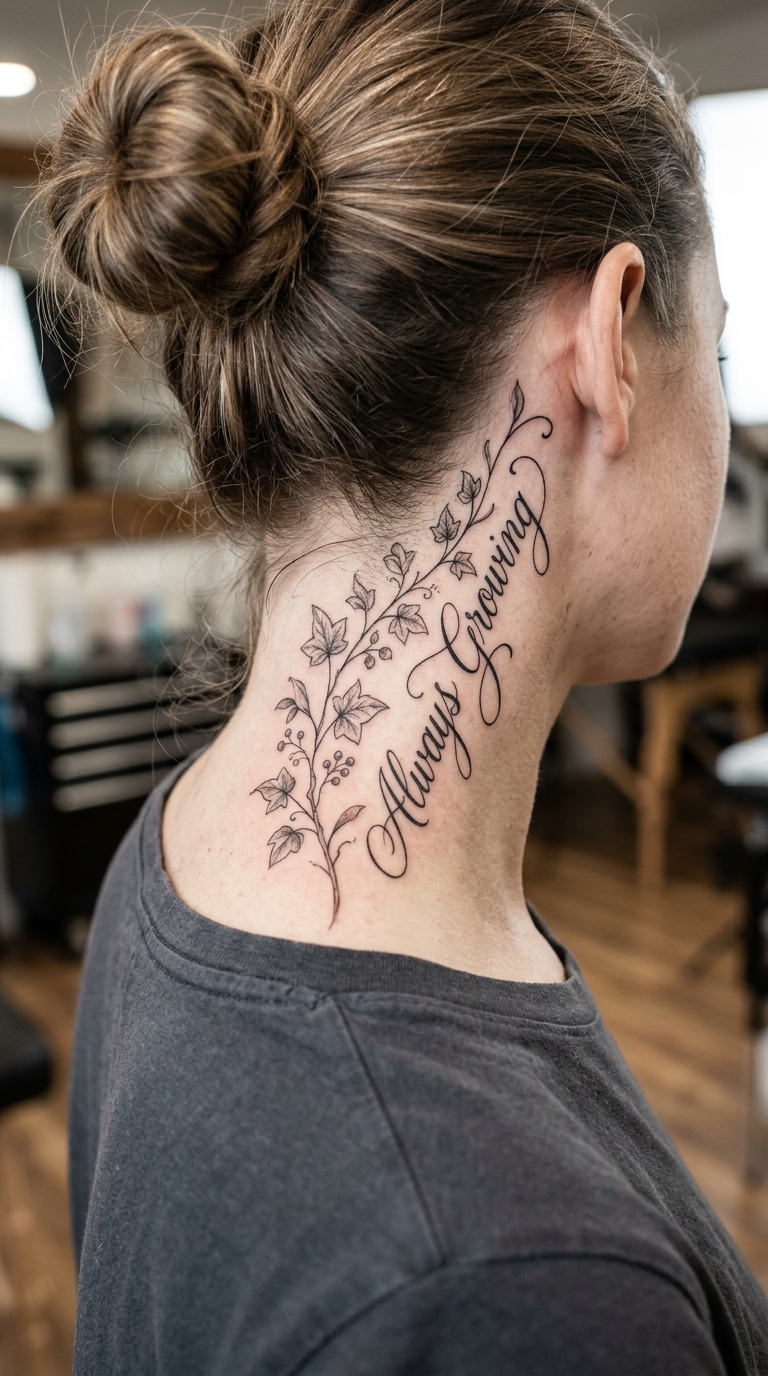 Efeuranke als geschwungene Schrift Tattoo Idee für den Nacken