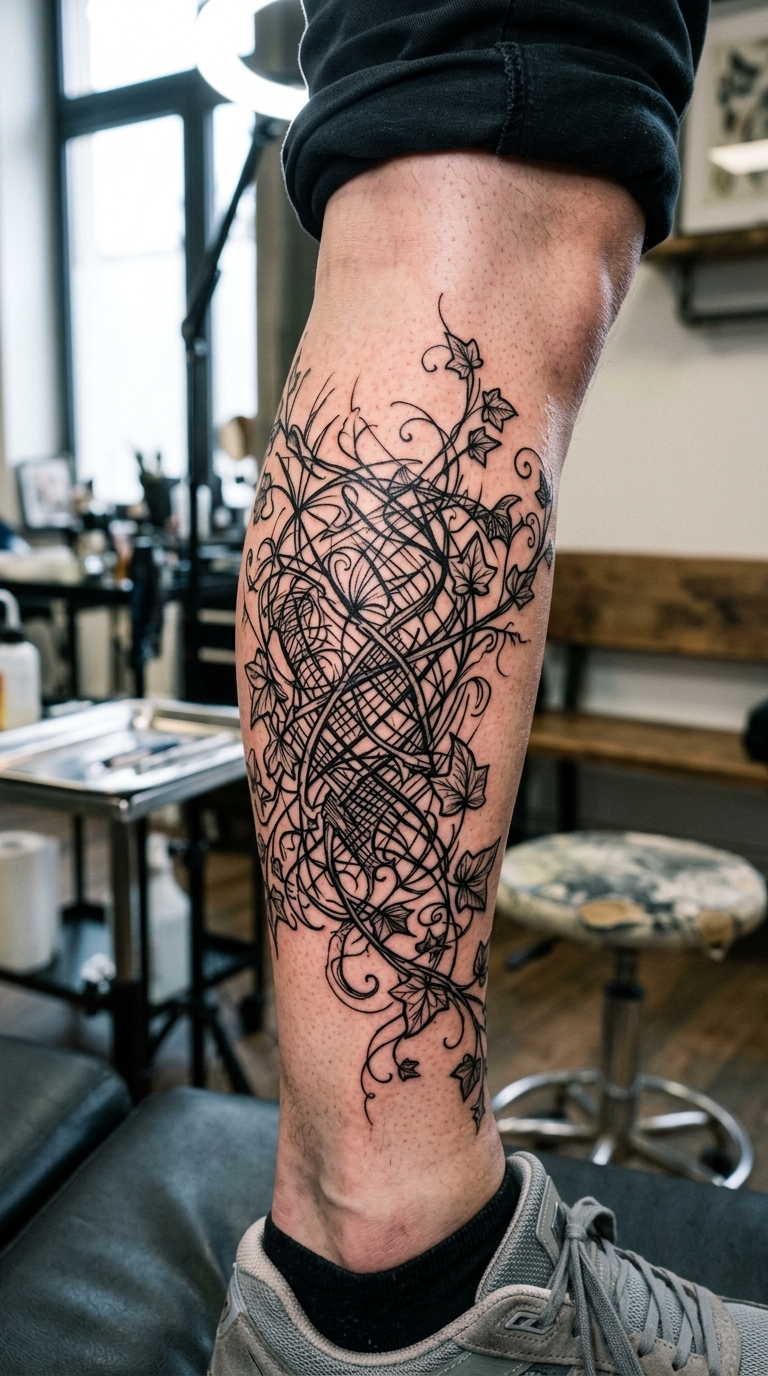 Efeuranke als kreuz und quer Tattoo für das Bein