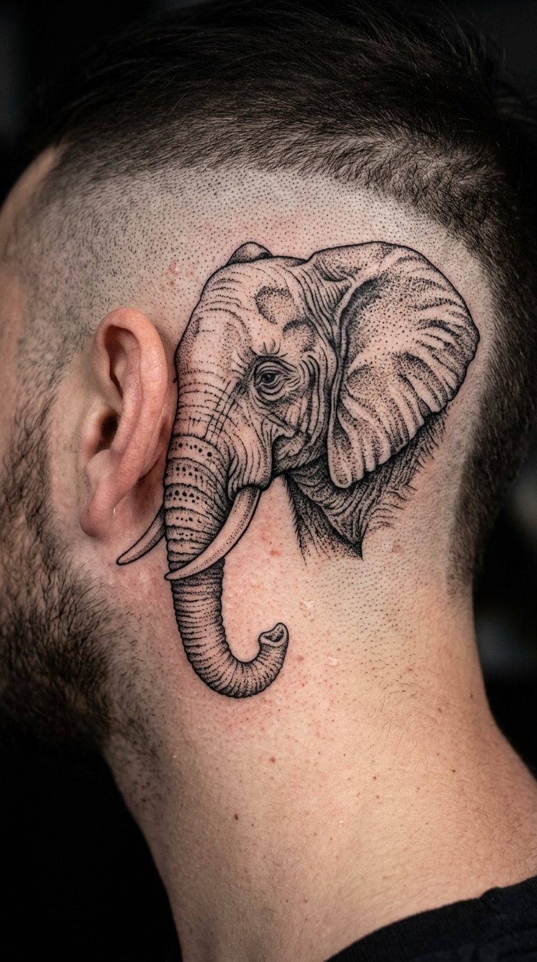Elefant als Dotwork Tattoo Idee für den Kopf