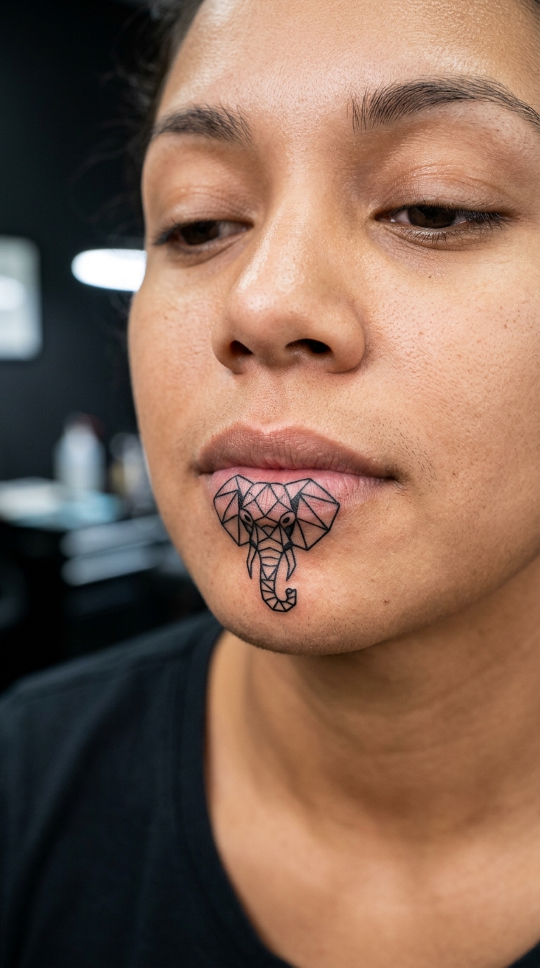 Elefant im geometrischen Stil als Tattoo für die Unterlippe