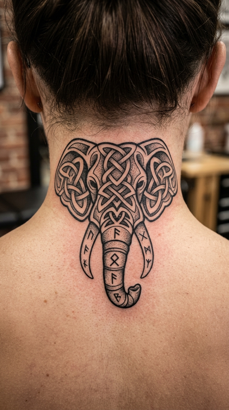 Elefant mit keltischen Knoten und Wikinger Runen im Nacken