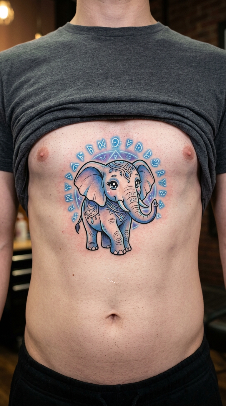 Elefant mit magischen Runen als Anime Tattoo auf dem Bauch
