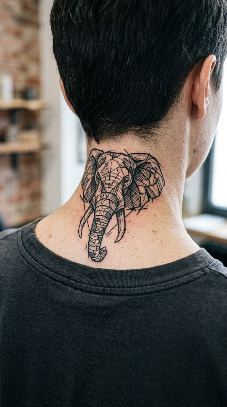 Elefant Tattoo Idee für den Nacken im kreuz und quer Stil
