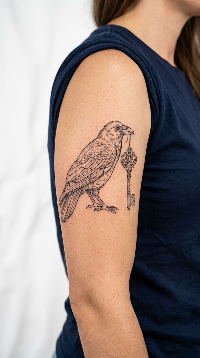 Elegante Krähe mit Schlüssel als Fineline Tattoo für den Oberarm
