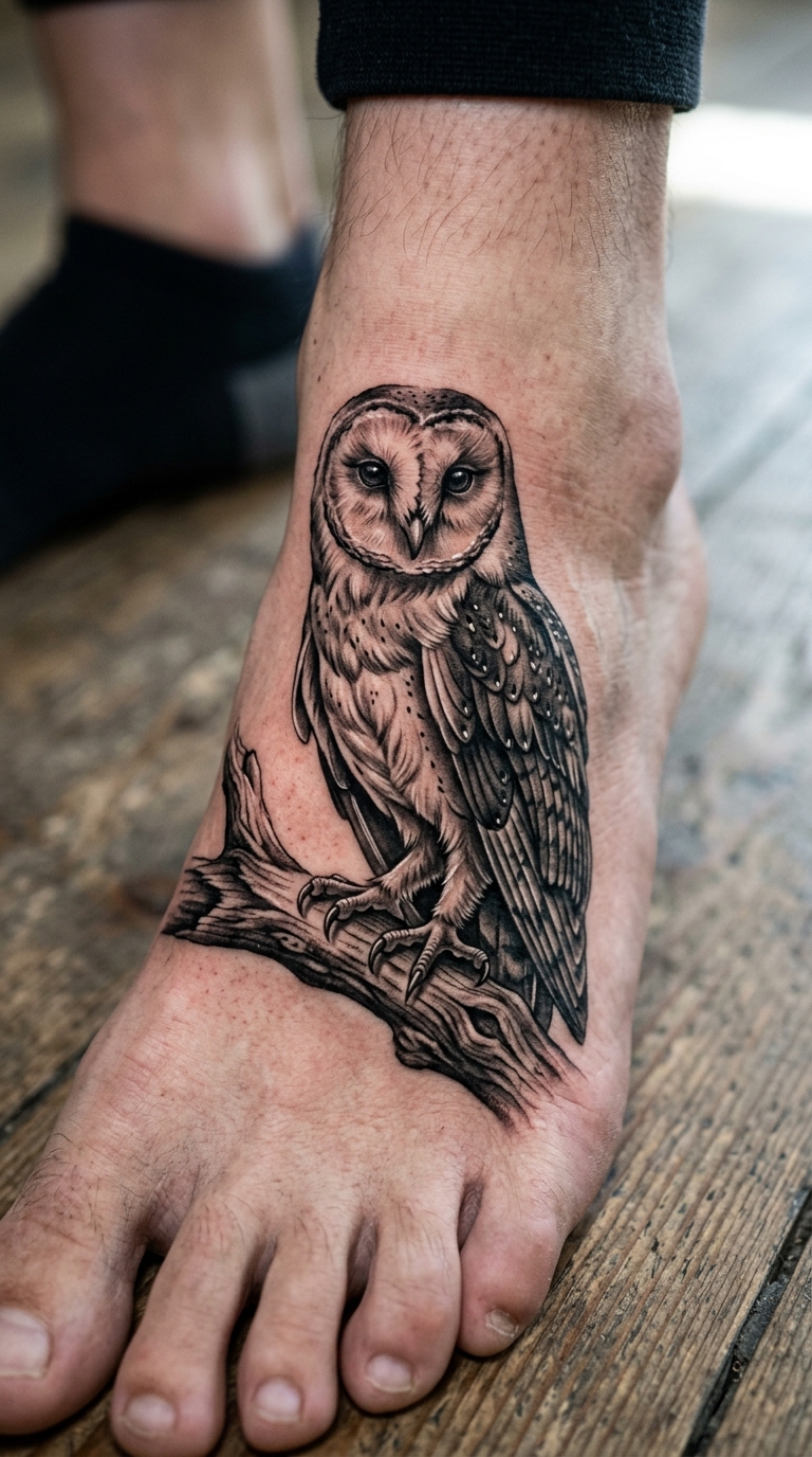 Eule auf einem Ast als 3D Tattoo Idee für den Fuß