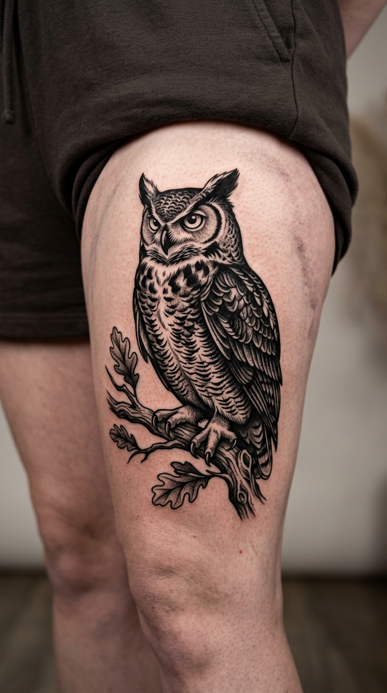 Eule auf einem Ast als Blackwork Tattoo für den Oberschenkel