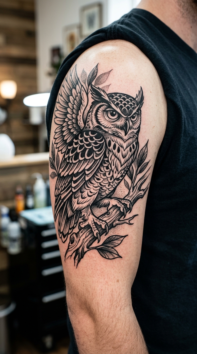 Eule auf einem Ast Tattoo Vorlage für den Oberarm
