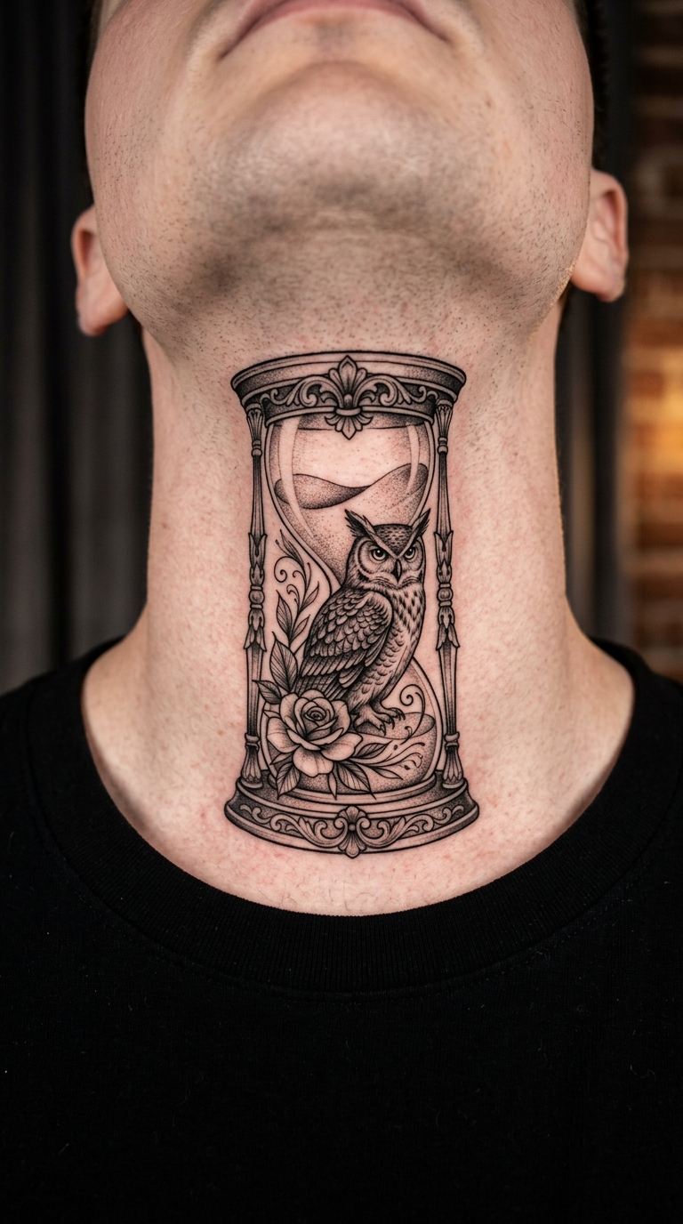 Eule im Stundenglas Tattoo Idee für den Nacken