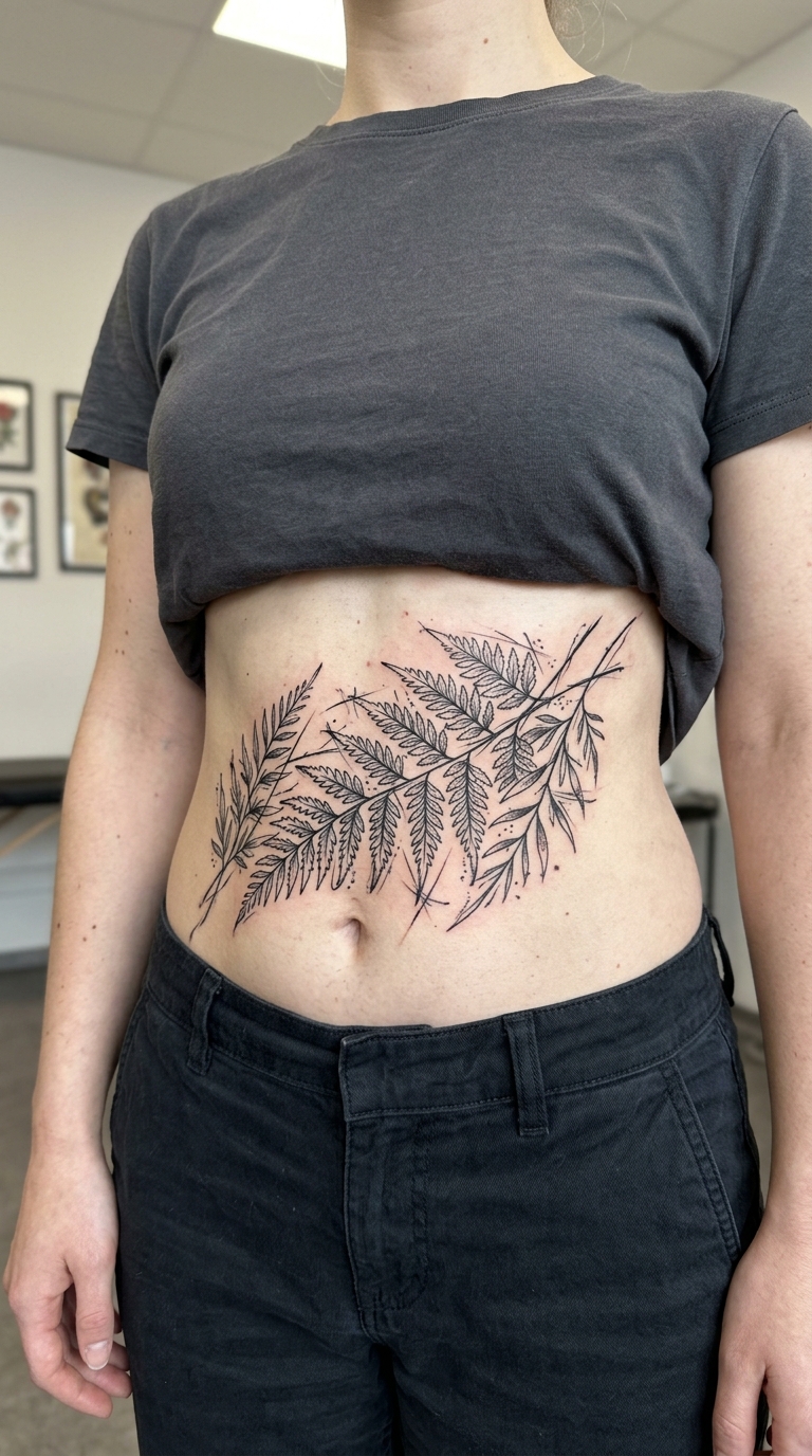 Farnwedel als kreuz und quer Tattoo auf dem Bauch