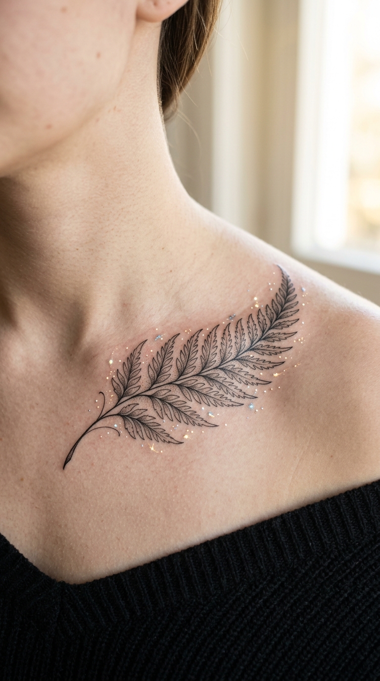 Farnwedel als mystisches Fantasy Tattoo für das Schlüsselbein