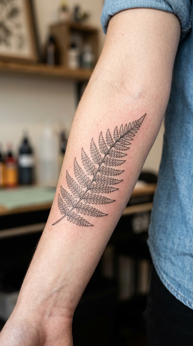 Farnwedel als zartes Fineline Tattoo auf dem Unterarm