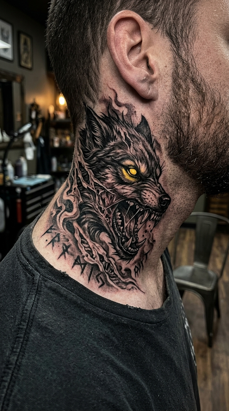 Fenrir als düsteres Horror Tattoo am Hals