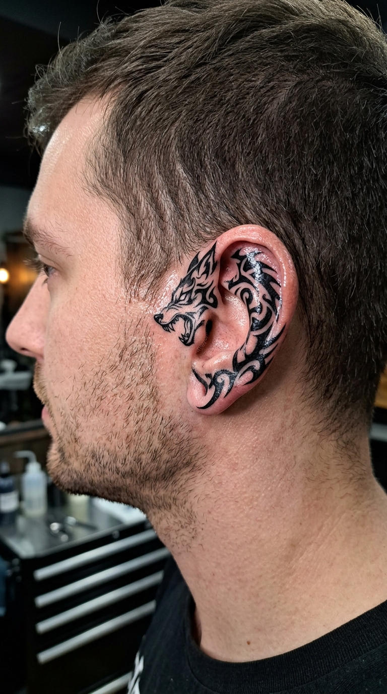 Fenrir als Tribal Tattoo Vorlage für das Ohr