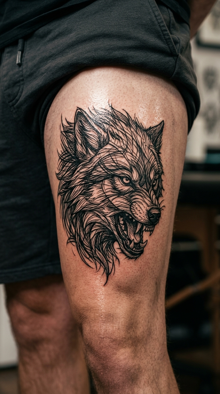 Fenrir der Wolfsgott als kreuz und quer Tattoo auf dem Oberschenkel