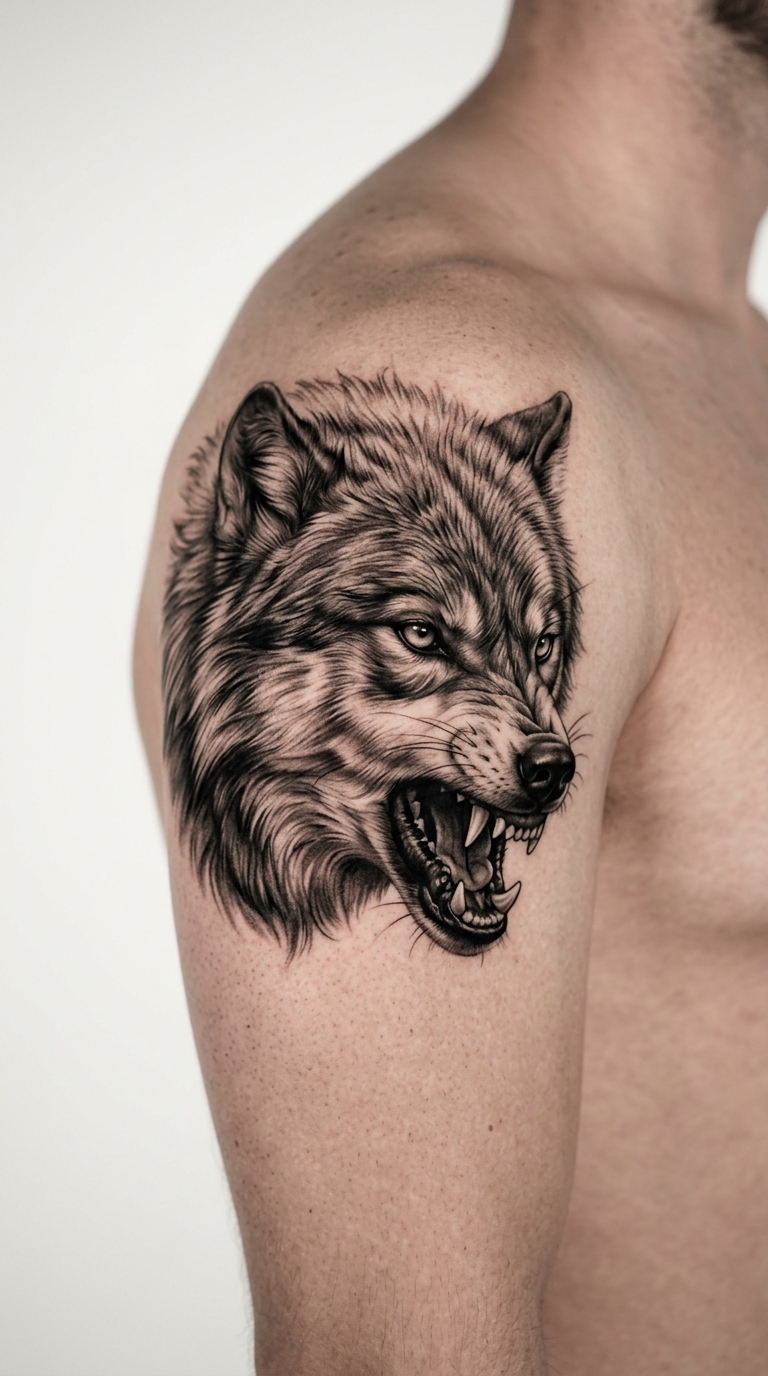 Fenrir der Wolfsgott als Realistic Tattoo für die Schulter