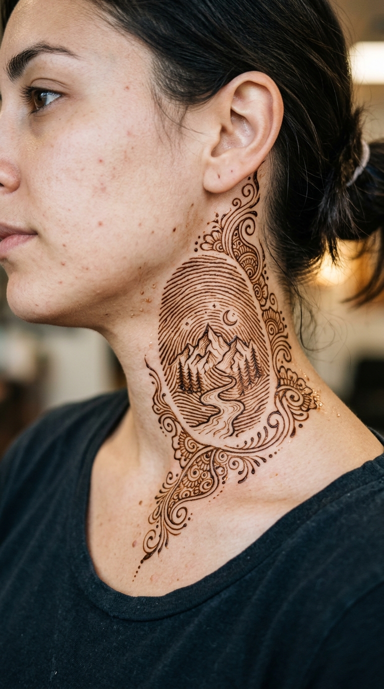 Fingerabdruck mit Bergwelt als Henna Tattoo Idee für den Hals