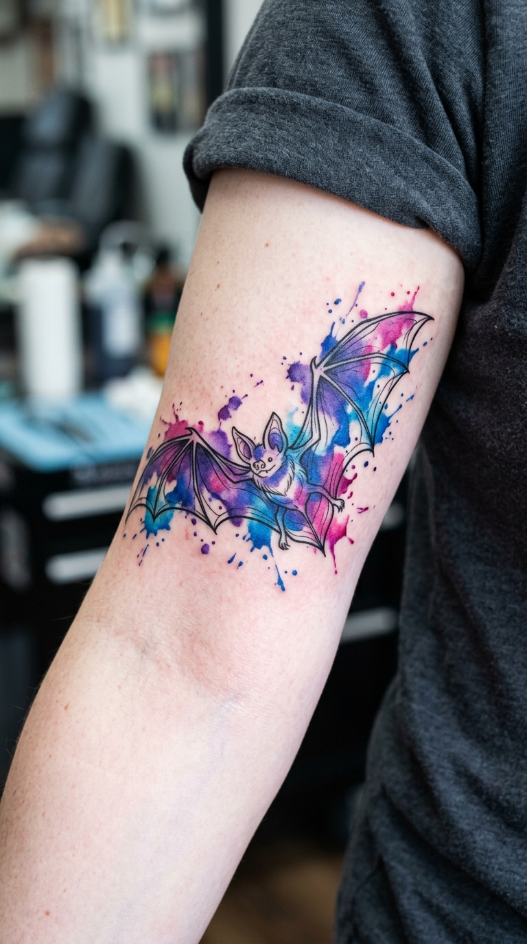 Fledermaus als lebendiges Aquarell Tattoo für den Arm