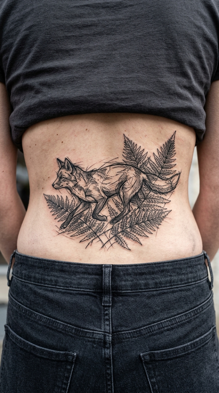 Fuchs zwischen Farnen als Steißbein Tattoo im kreuz und quer Stil