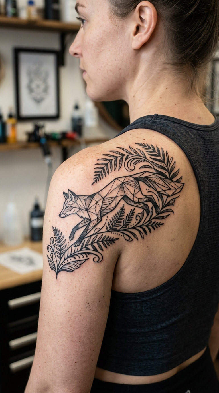 Fuchs zwischen Farnen als Zeichen und Symbol Tattoo für die Schulter