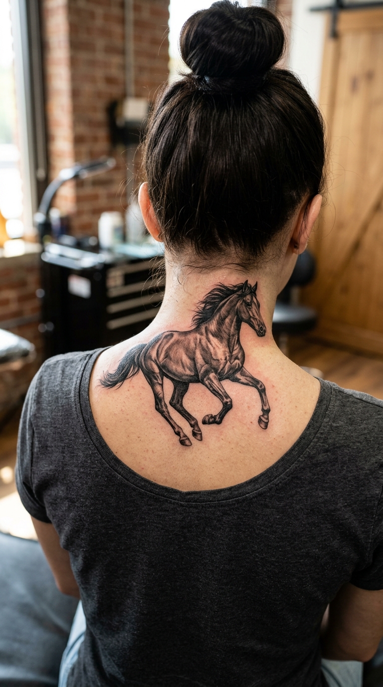 Galoppierendes Pferd als 3D Tattoo Idee für den Nacken