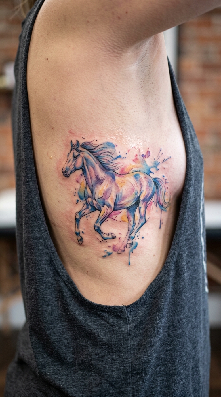 Galoppierendes Pferd als Aquarell Tattoo auf den Rippen