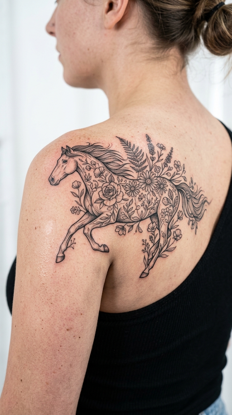 Galoppierendes Pferd als florales Tattoo für die Schulter